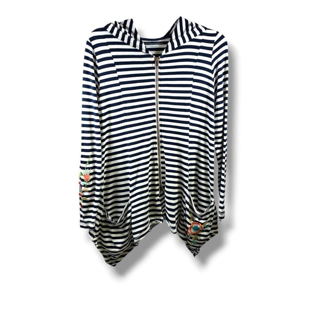 Soft Surroundings Long Sleeve Striped Embroidered Striped Zip Hoodie in White Na